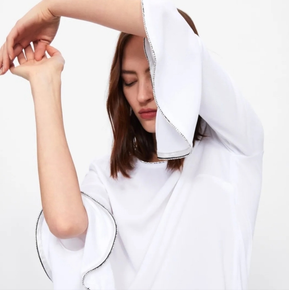 Zara Dressy White Blouse Small Long Sleeve Ruffled Rhinestone Crepe Women's FLAW